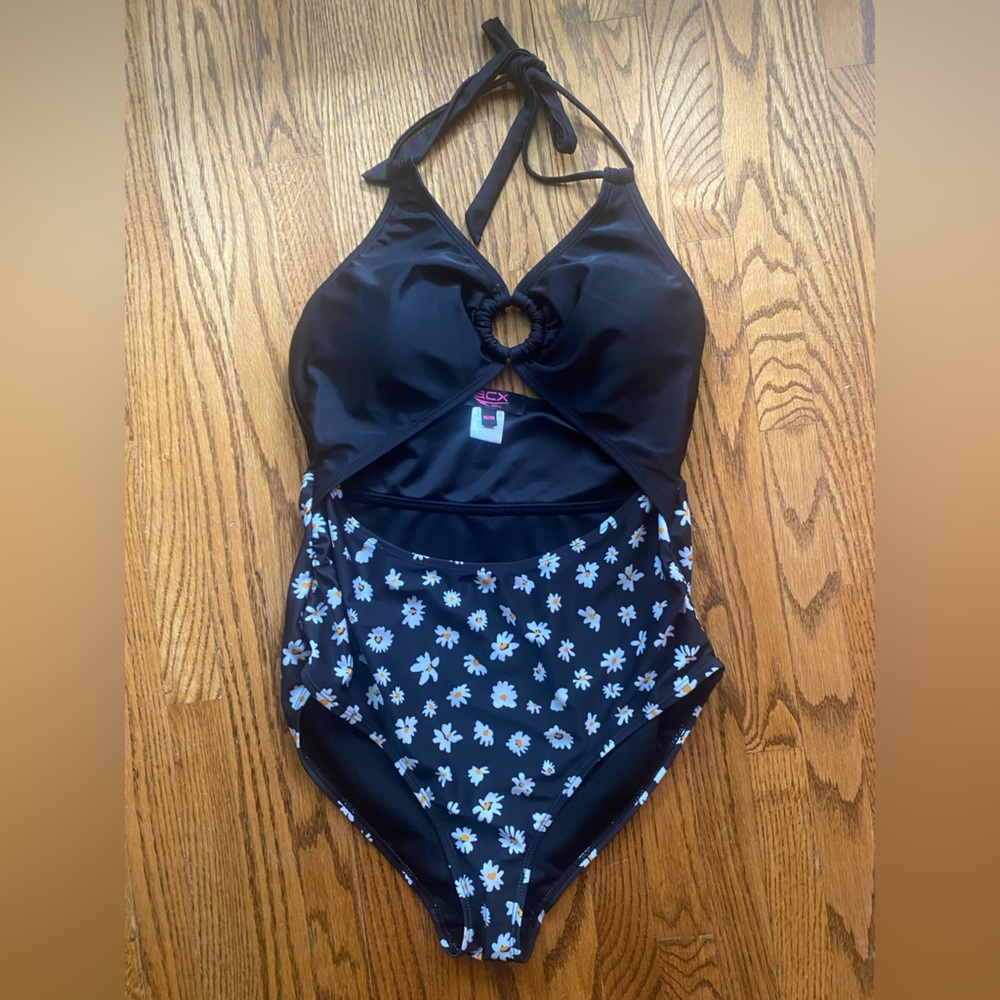 ACX daisy one piece halter cut out bathing suit